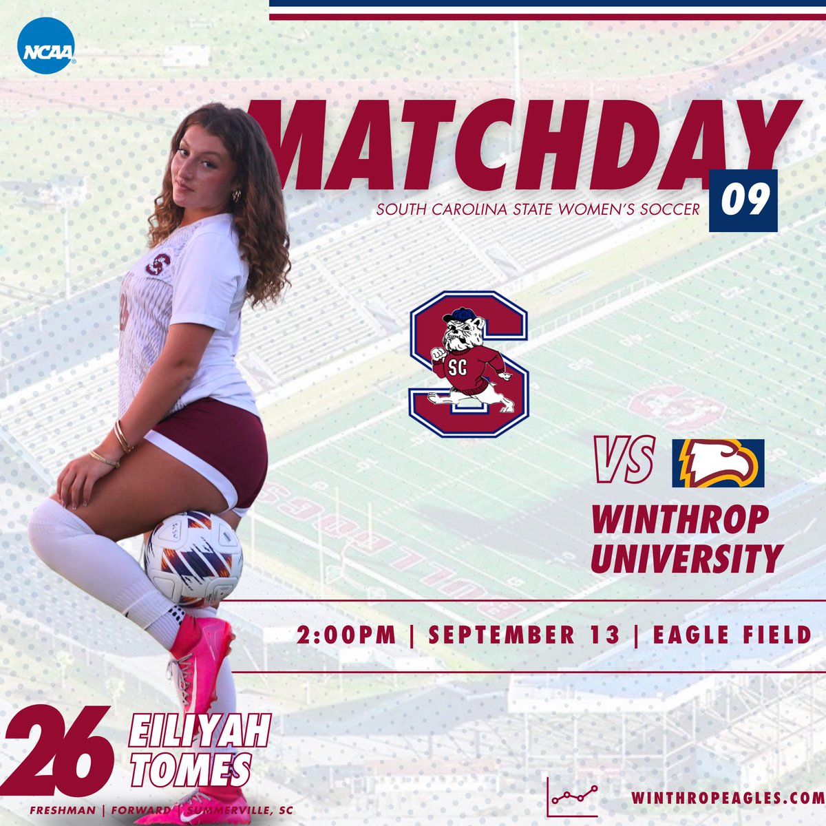 SCStateWSOC's tweet photo. In-State tilt on deck 🐶 

🆚 Winthrop 
🗓️ September 13
⏰ 2:00PM
🏟️ Eagle Field
📍 229 Winthrop Garnet Drive, Rock Hill, SC
📊 https://t.co/dpaJHUNaq5

#makeaSTATEment🐾 | @SCStateAthletic https://t.co/pd33kGPdbP