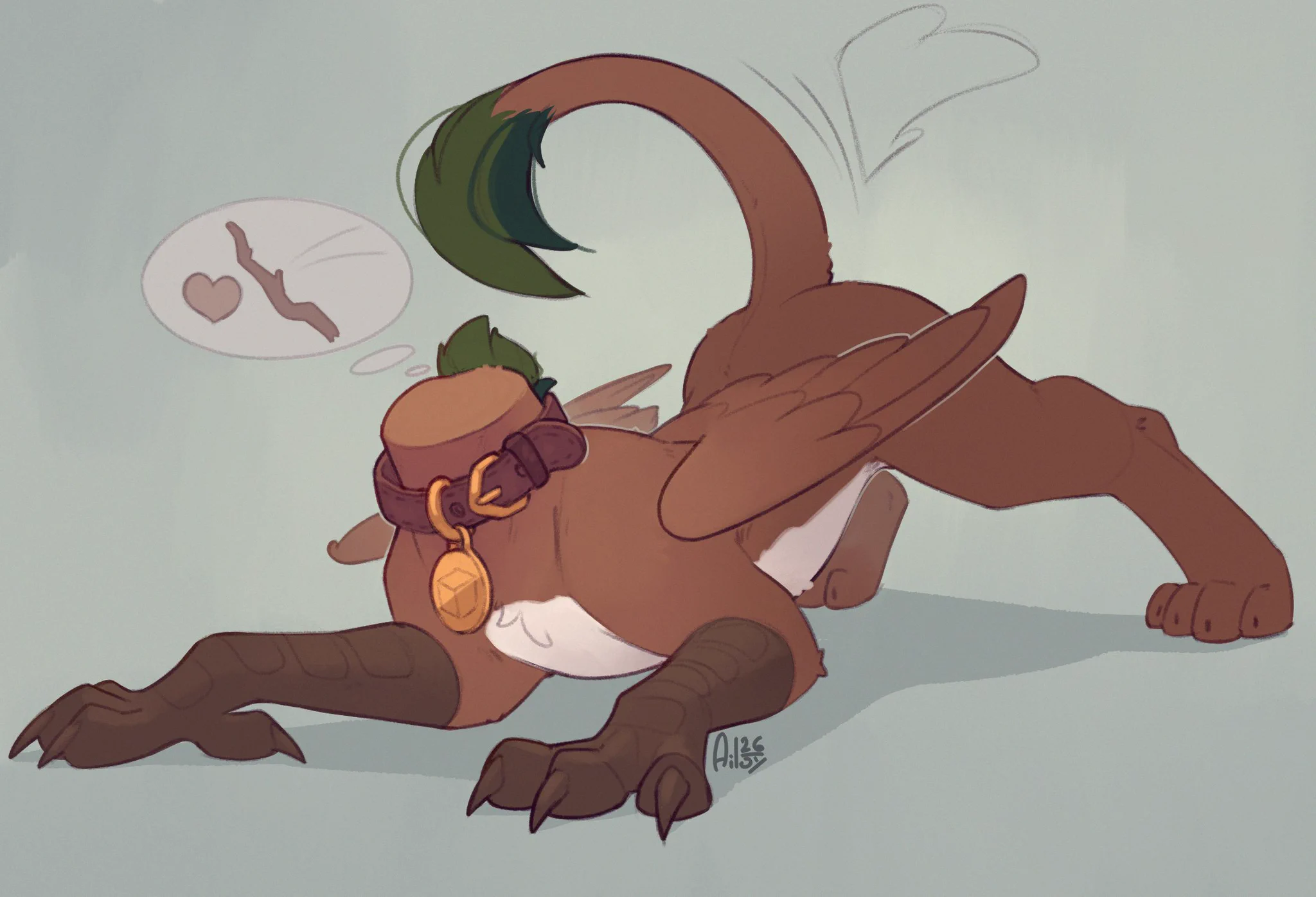 Digital art of a brown headless gryphon wagging his tail, waiting for a stick!