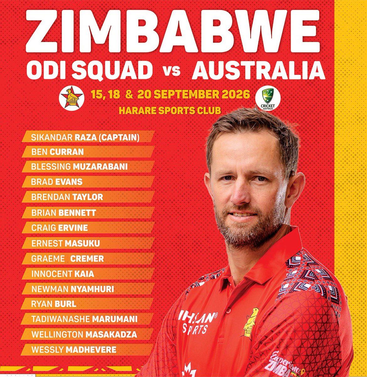 AdamTheofilatos's tweet photo. Here is Zimbabwe’s ODI squad for the Australia tour kicking off on Tuesday. 

Richard Ngarava sits out again as he continues to recover from injury. Brendan Taylor returns to the squad and Ernest Masuku gets another call up🇿🇼 https://t.co/bwZqV2RSjW