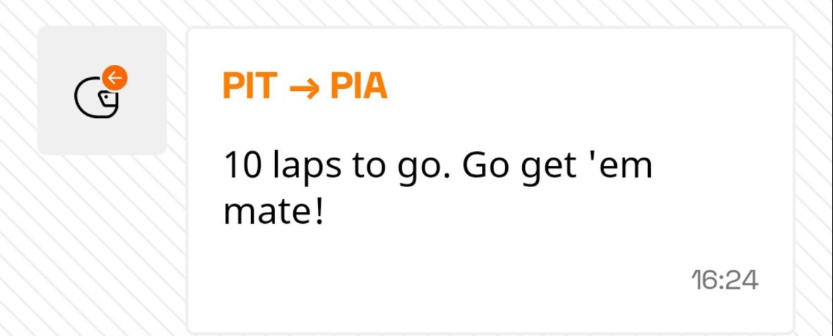 racepiastri's tweet photo. is mclaren mentally well? telling oscar to “go get em!” after pitting him in traffic on a track that is difficult to overtake on. not to mention that he’s got damage due to lap 1 incident + they didn’t communicate about fixing it until he asked them to. ridiculous organisation. https://t.co/QhP95vyKq4