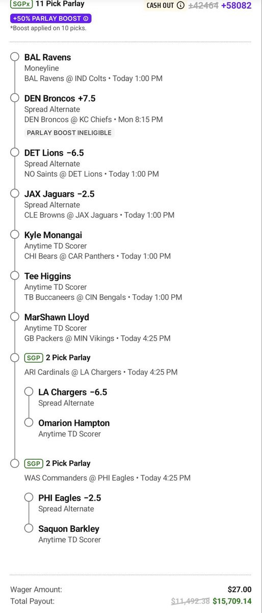 Bambino_Bets's tweet photo. Here’s a $27 into $15,700 play!

I have 16 in VIP and it’s possible we sweep and go 16-0 (still less than our 20-0 streak in MLB)

Posting the ladder soon! https://t.co/4SiGqC9HUj