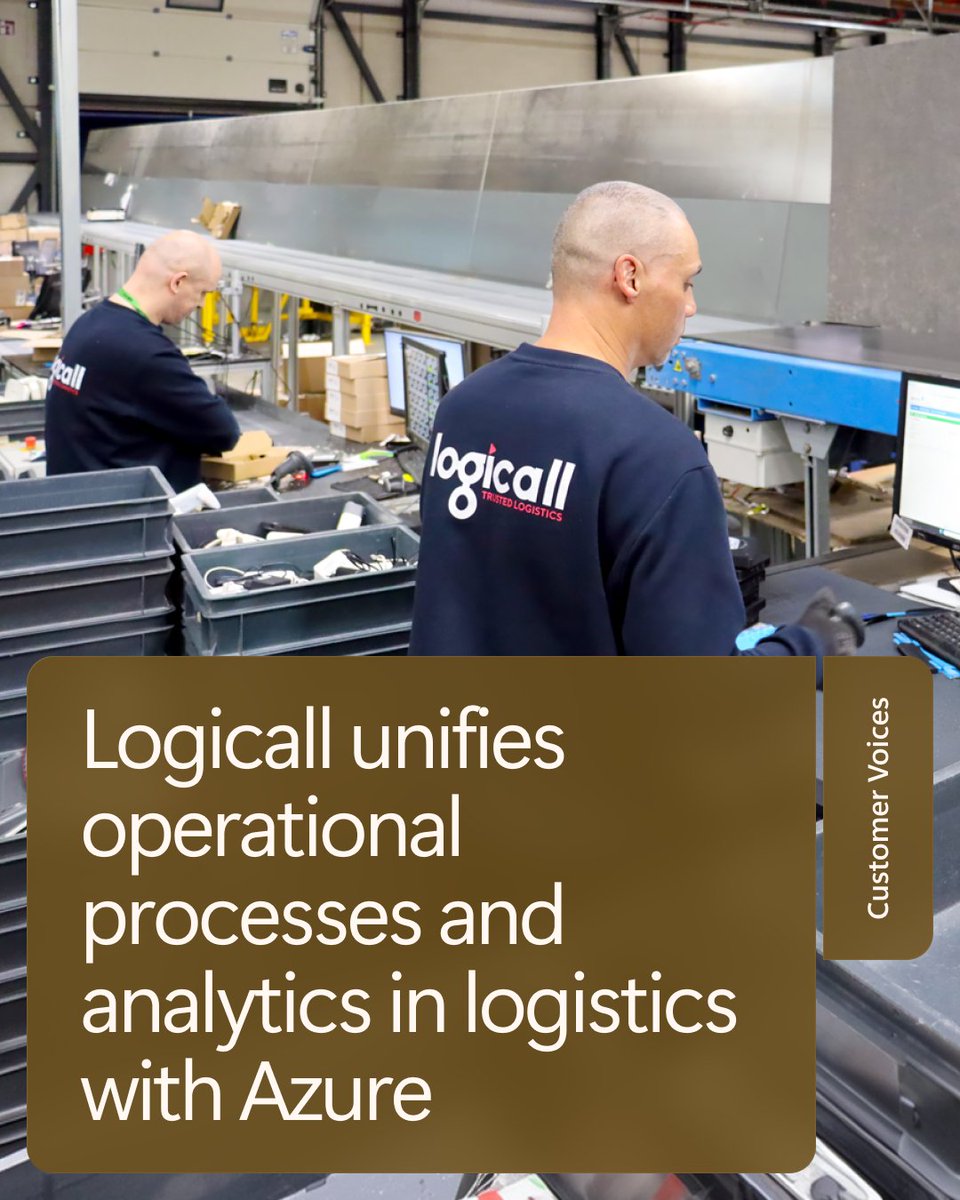 Two workers in a logistics warehouse manage items at a conveyor system. One worker faces the conveyor, while the other stands nearby, both focused on their tasks. Text reads 'Logical unifies operational processes and analytics in logistics with Azure.'