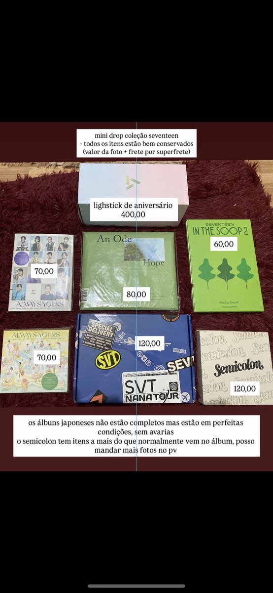 hoswonw's tweet photo. vendo / venda seventeen 
preços na foto + frete (por superfrete) 
envio toda sexta feira
o único álbum completo é o semicolon mas posso mandar mais vídeos e fotos no pv
pode abrir ceg, só avisar antes 
podemos negociar os valores 
feedbacks em @hoswonw no tt 

levem plsss 🥹🥲 https://t.co/9wdFrqCmUr