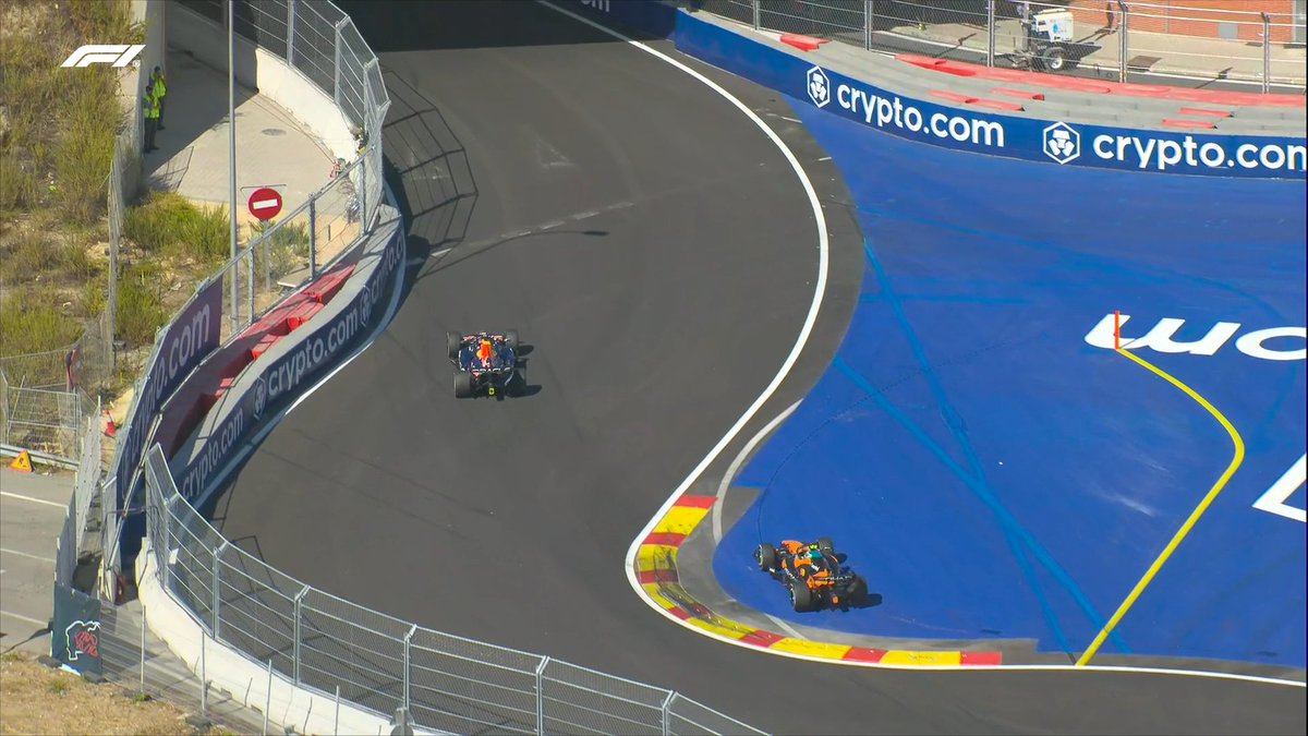 F1's tweet photo. Norris hops over the chicane... 😲

But he gathers it up and continues with a 0.9s gap to Verstappen 

#F1 #SpanishGP | LAP 54/57 https://t.co/KwjeG8dQKP