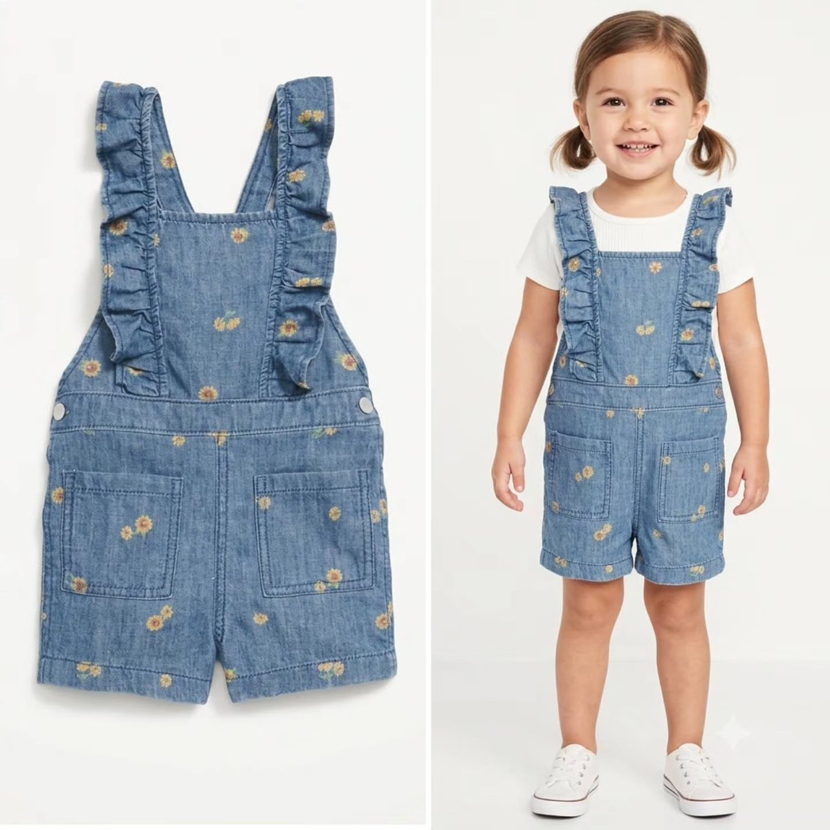 DavidMarkiewicz's tweet photo. Printed ruffle-trim chambray shortalls for toddler girls, ages 2–4 years. Price: 750 EGP https://t.co/RjvQP4GlnQ