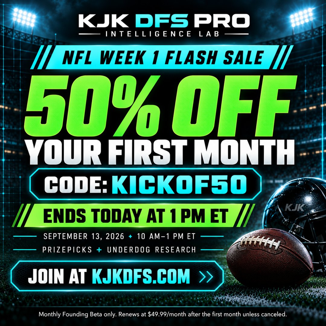 kjk_dfs's tweet photo. 🏈 NFL WEEK 1 FLASH SALE

50% OFF your first month of KJK DFS Pro!

🔬 PrizePicks + Underdog research
⚡ Review the best available entries
🎟️ KICKOFF50
⏰ Ends TODAY at 1 PM ET
👉 https://t.co/QX74I4ak1t

Monthly Founding Beta. Renews at $49.99/mo unless canceled. https://t.co/BCNlY2oFjt