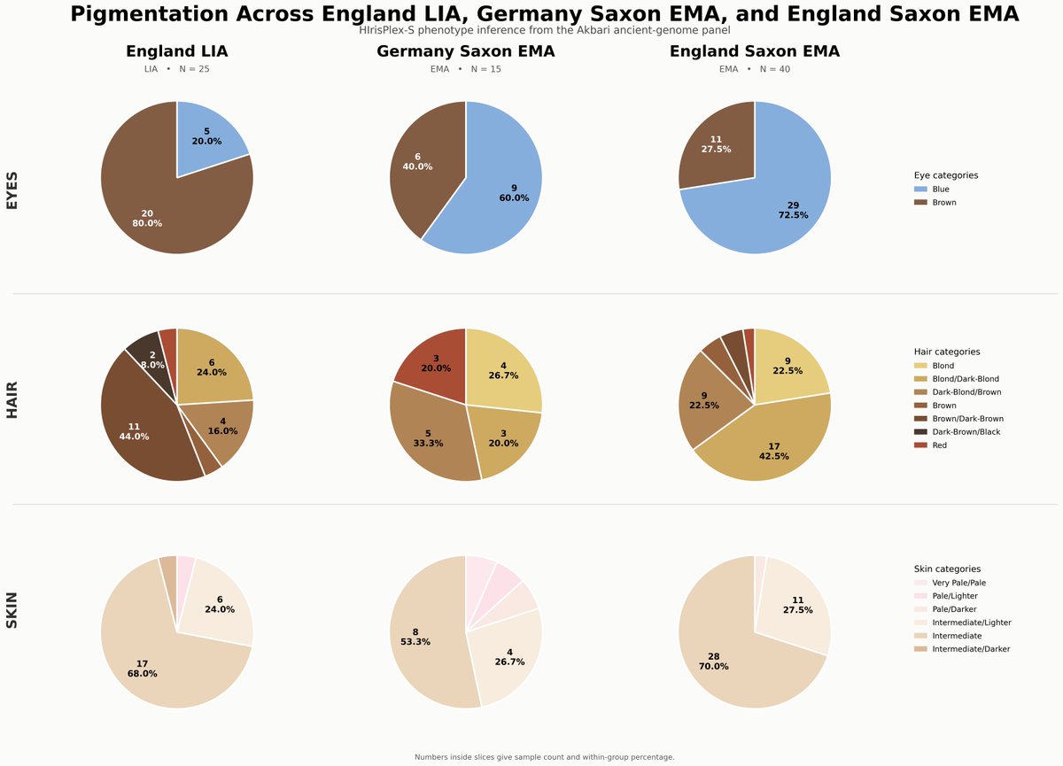 ObliterVict's tweet photo. Skin, eye and hair color in 80 England LIA, Germany Saxon EMA and England Saxon EMA genomes, inferred with HIrisPlex-S. Pastebin with sample IDs, population labels, phenotype calls, probabilities, and full classifications:

https://t.co/XomH6uQYCE https://t.co/cgfVVUqCgj