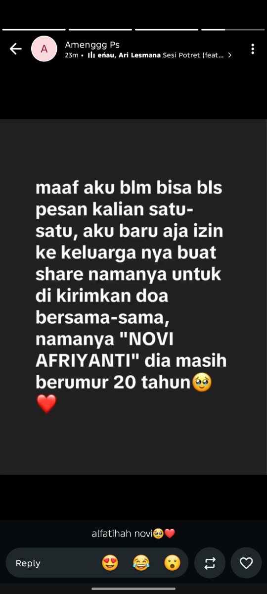 bbyirasss's tweet photo. Alfatihah untuk saudara kita Novi Afriyanti semoga amal ibadahnya diterima di sisi Allah SWT 
Minta doa nya ya temen temen🙏 https://t.co/5rH169EvTp