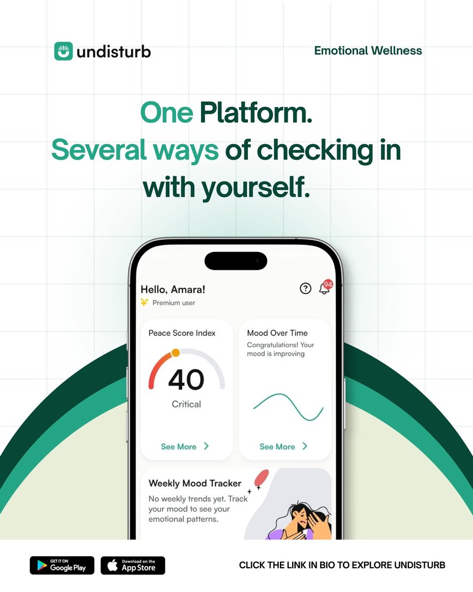 heyUndisturb's tweet photo. Sunday is a good time to pause, reflect and check in with yourself.

With Undisturb you can check in through journaling, mood tracking, daily check-ins, breathing exercises and more.

One platform, several ways to understand yourself better.

#Undisturb #EmotionalWellness https://t.co/NUMYvquAwd
