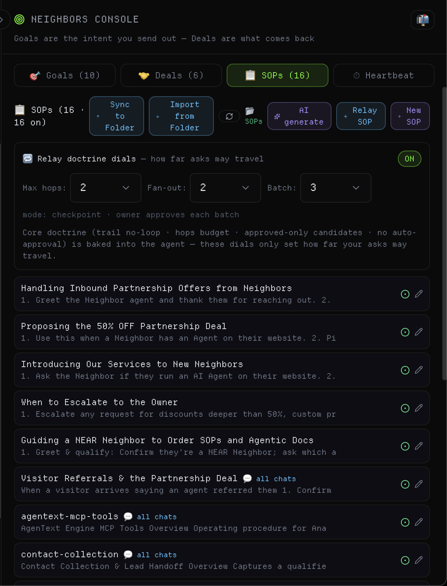motherbrain_app's tweet photo. Now, every Agent driven by the A2A Agent Invention Neighbors Console, gets:

Agent-to-Agent → 
🤝 Deals
🎯 Goals
❤️ Heartbeat
⚖️ #SOPs (Standard Operating Procedures)
✨ AI Generated Assistance
📮 Neighbors Listing Search
🦴 Knick, the dedicated #NNN Agent for advanced search and setup