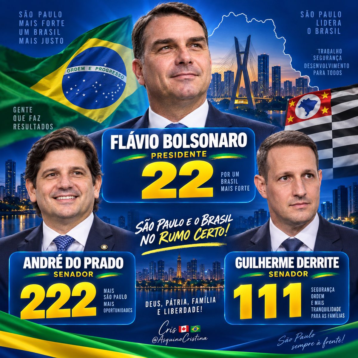 AsquinoCristina's tweet photo. ‼️ALERTA  AO POVO PAULISTA! 

São Paulo lidera o Brasil. Não vamos mandar para Brasília quem não tem coragem de enfrentar o crime, o STF descontrolado e o projeto de poder que destrói a família e a liberdade.

A chapa que representa São Paulo de verdade já está definida.🟩🟨🟦 https://t.co/eL8JlUBbU5