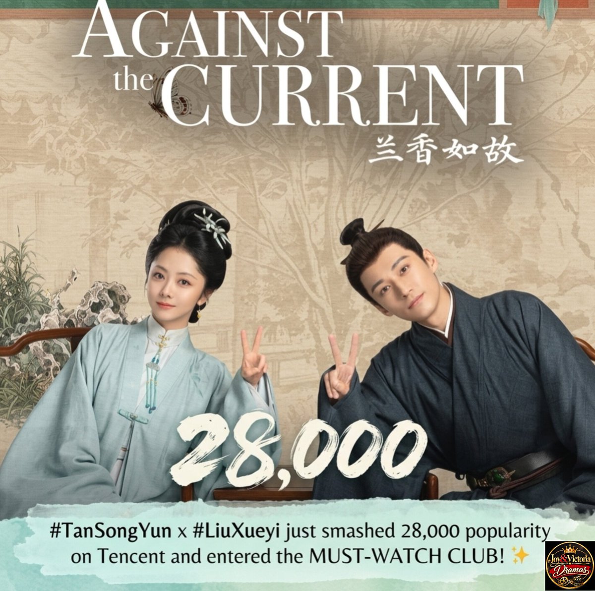 joyandvictoriaT's tweet photo. #AgainstTheCurrent is THE dark horse we didn't see coming! 🔥

#TanSongYun x #LiuXueyi just smashed 28,000 popularity on Tencent and entered the MUST-WATCH CLUB! ✨

This growth is INSANE:
📈 Sept 11 Premiere: Broke 22,000 Day 1
📈 Sept 12: Soared to 27,017 peak
📈 Sept 13: Officially crossed 28,000!

No massive cloud screenings, just PURE organic buzz & real viewers showing up!

And it's not just online:
📺 CCTV-8 prime time simulcast — Ep 3 hit 1.4719% peak real-time rating! Dual domination!

Why everyone’s hooked: That brutal opening — family extermination + identity substitution — straight gut punch 💔 But the female empowerment storyline is carrying HARD.

Yes, reviews are polarized (some say slow-paced / preachy dialogue, and that Zhi Fou comparison has people debating), but numbers don't lie.

From slow start to rapid rise, this one is running!

Are you watching? 👀

#TanSongYun #LiuXueyi #AgainstTheCurrent #逆流 #Tencent #CCTV8