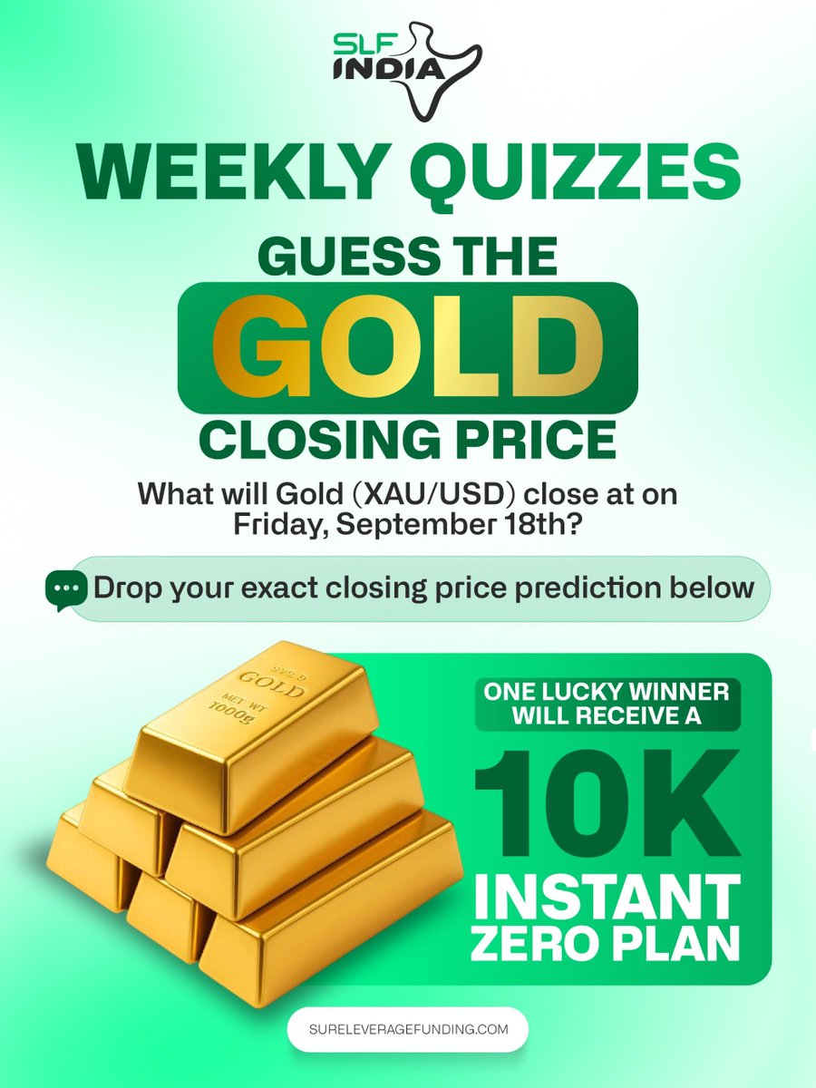 SureleverageIN's tweet photo. SLF India Weekly Quiz starts NOW. 🇮🇳

Gold traders, your call.

Where will XAU/USD close on September 18th?

Drop your exact price.
Closest guess wins. 🔥 https://t.co/o2GF1nJ7zB
