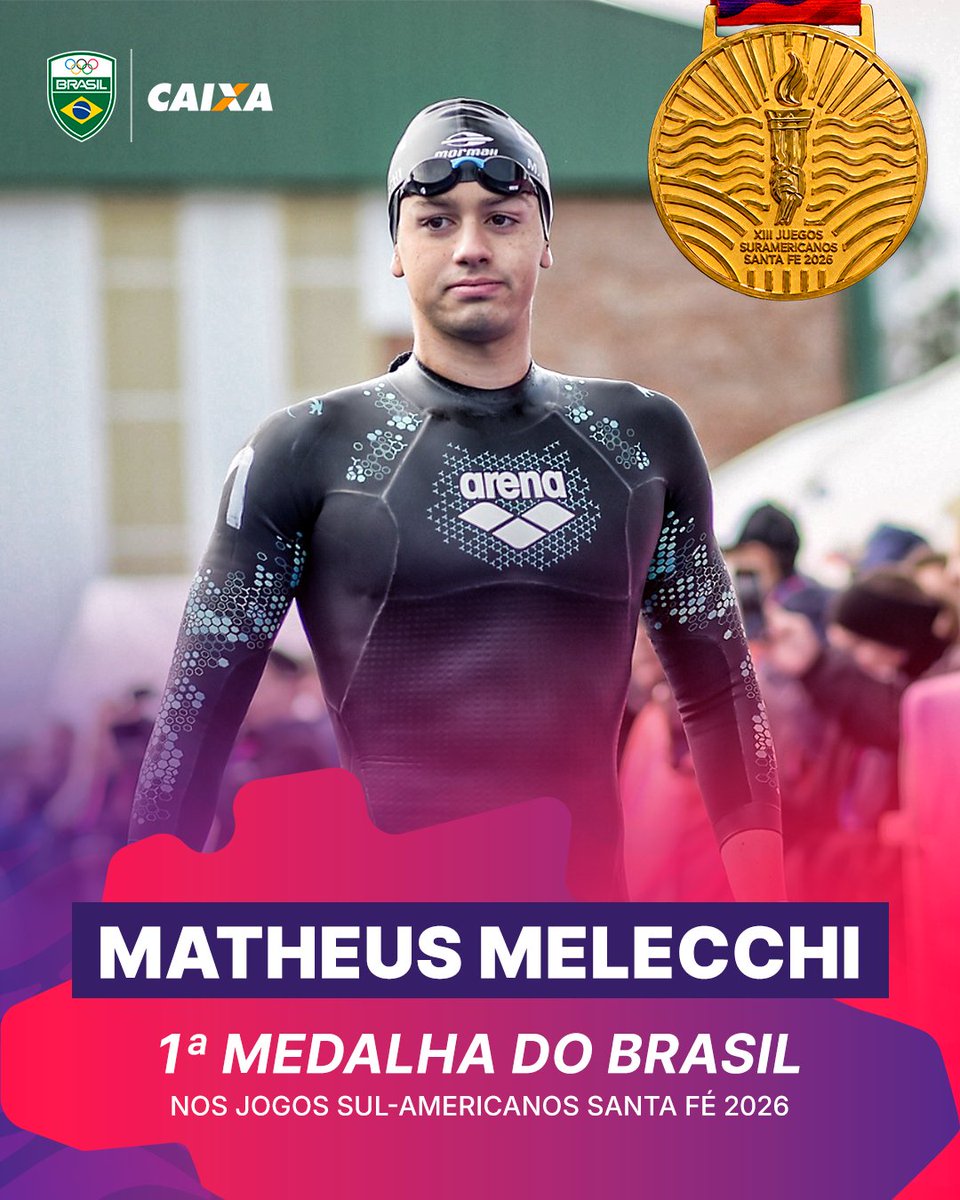 timebrasil's tweet photo. É OURO PARA O BRASIL! 🥇🇧🇷

Matheus Melecchi domina a prova de águas abertas e conquista o primeiro título do Brasil nos Jogos Sul-americanos Santa Fé 2026!

A contagem de medalhas está aberta! Pra cima, Brasil!!!

📷 Alexandre Loureiro

#TimeBrasilEmSantaFé #ÁguasAbertas #Caixa https://t.co/2CIkcCdMbN
