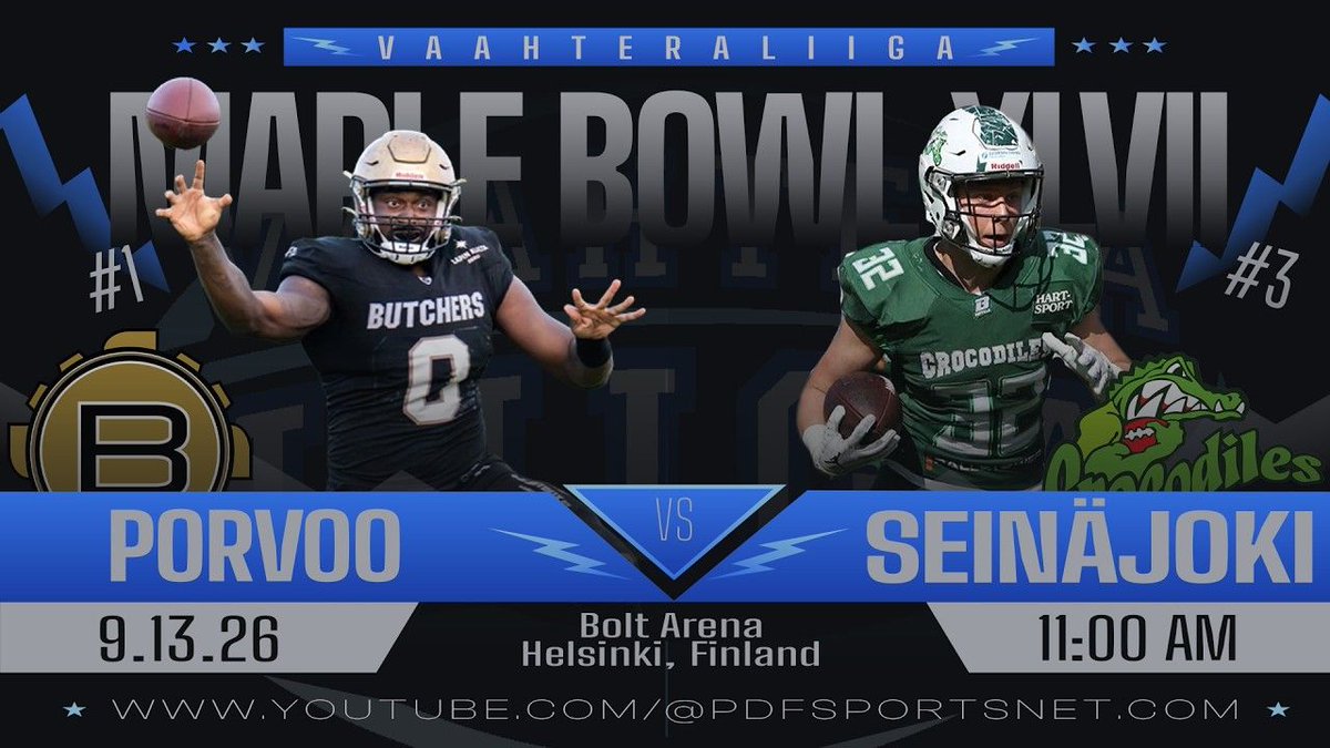 PDFSportsNet's tweet photo. 🏈 LIVE NOW!! 🏆️ 
The Vaahteraliiga's Maple Bowl XLVII is now on PDF as the top-seed and defending champions Porvoo Butchers take on the Seinäjoki Crocodiles in a rematch of last year's title game from Helsinki, Finland! It's Go Time! https://t.co/6BWU7igRHv https://t.co/vSL6krJflz