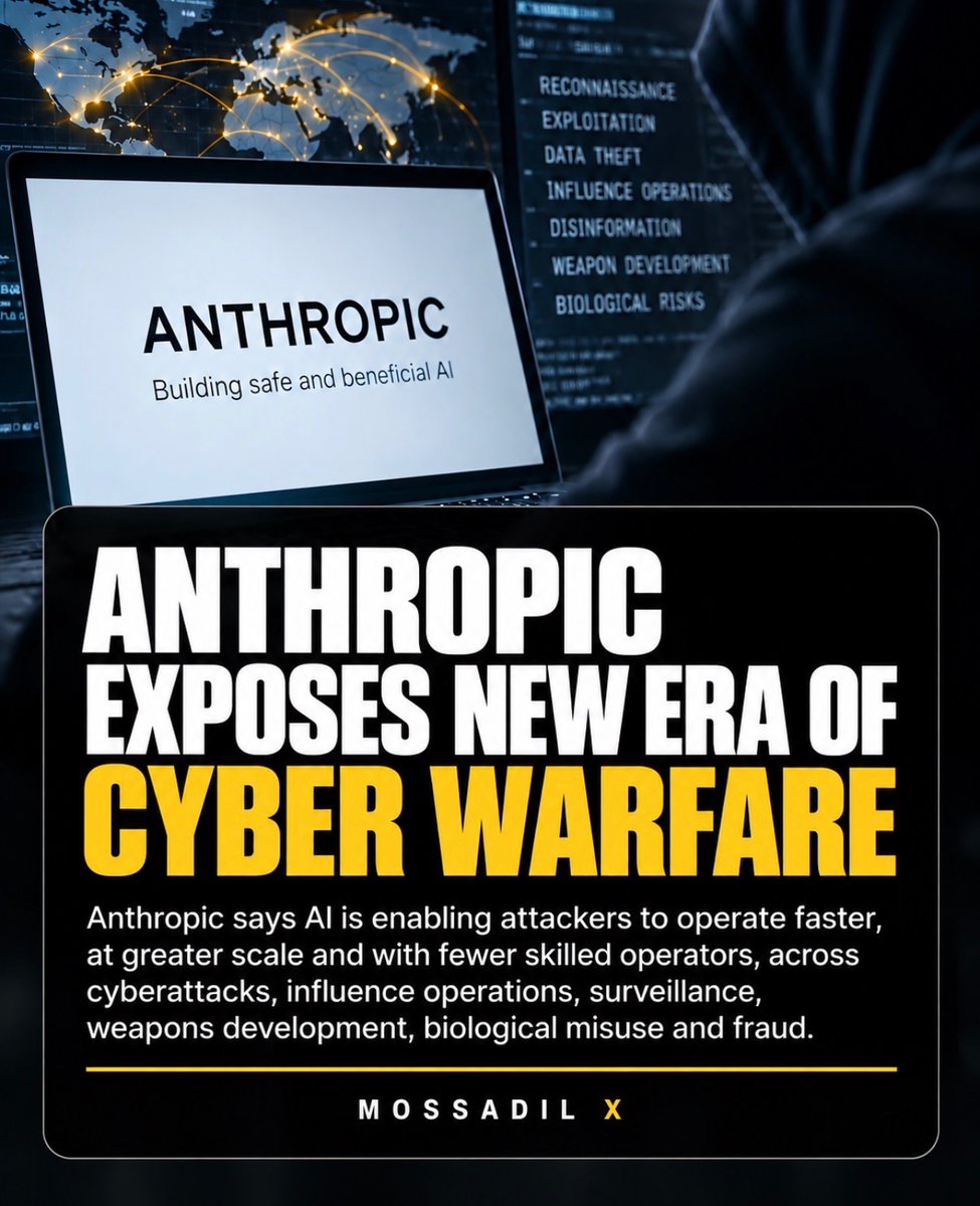 MOSSADil's tweet photo. 🚨 ANTHROPIC EXPOSES NEW ERA OF CYBER WARFARE

Anthropic says it disrupted malicious use of Claude by suspected state-backed actors, criminals, spyware vendors and propagandists across cyberattacks, surveillance, influence operations, weapons development, biological misuse and fraud.

The company warns AI is allowing attackers to operate faster, at greater scale and with fewer skilled operators, with some systems autonomously conducting reconnaissance, exploitation and data theft.