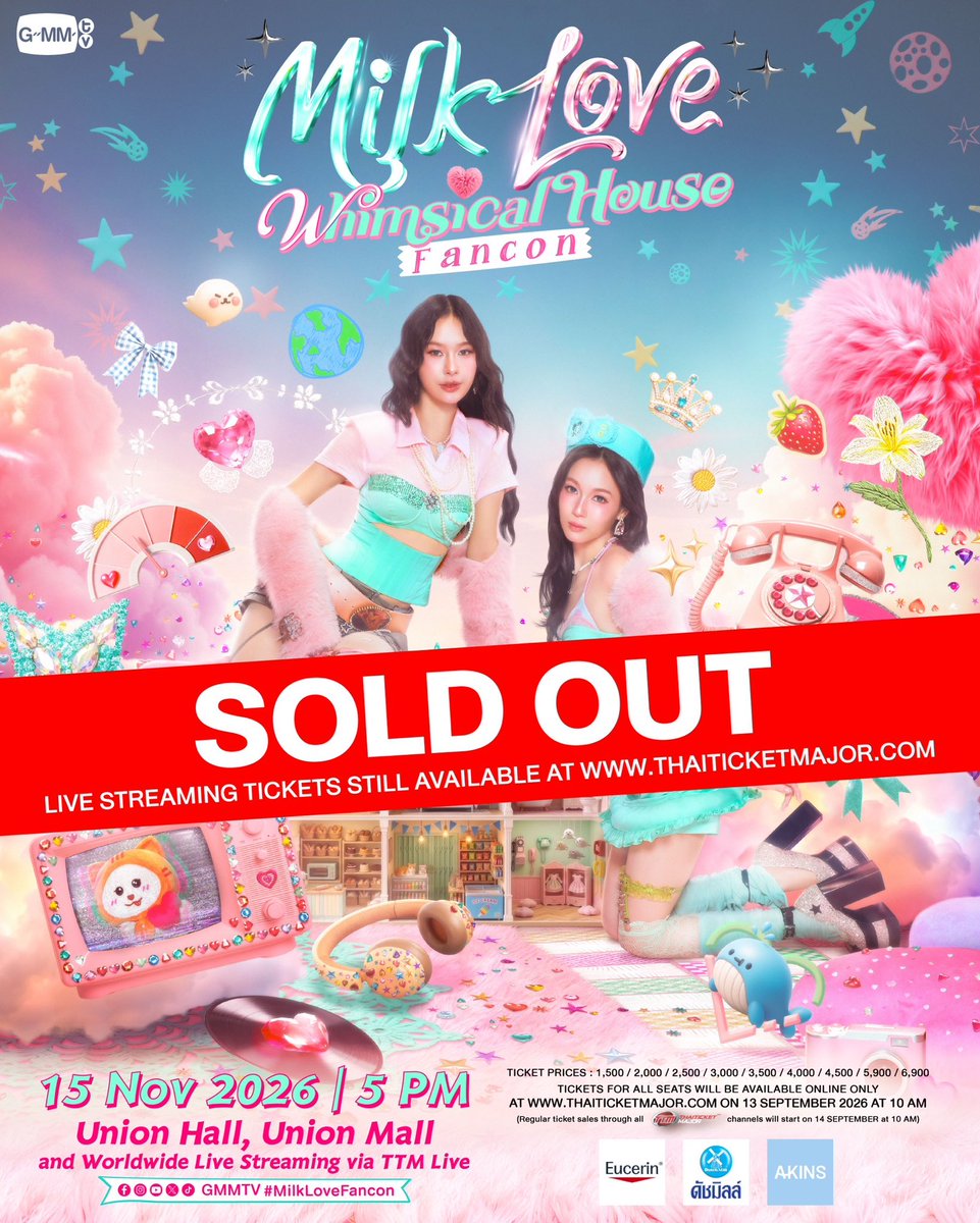 GMMTV's tweet photo. TICKETS SOLD OUT!  
‘MILK LOVE WHIMSICAL HOUSE FANCON’ 🚪✨#MilkLoveFancon  

ขอบคุณทุกกระแสตอบรับที่มีให้กับงาน ‘MILK LOVE WHIMSICAL HOUSE FANCON’ จนทำให้บัตร Sold Out! 

สำหรับบัตรแบบ Live Streaming สามารถซื้อได้ตั้งแต่วันนี้จนถึง วันแสดง
Buy Live Streaming Tickets 👉🏻 https://t.co/F6igCGXMLq

SEE YOU ON SUNDAY,  15 NOVEMBER  |
Union Hall, Union Mall 

#MilkLoveFancon  
#GMMTV