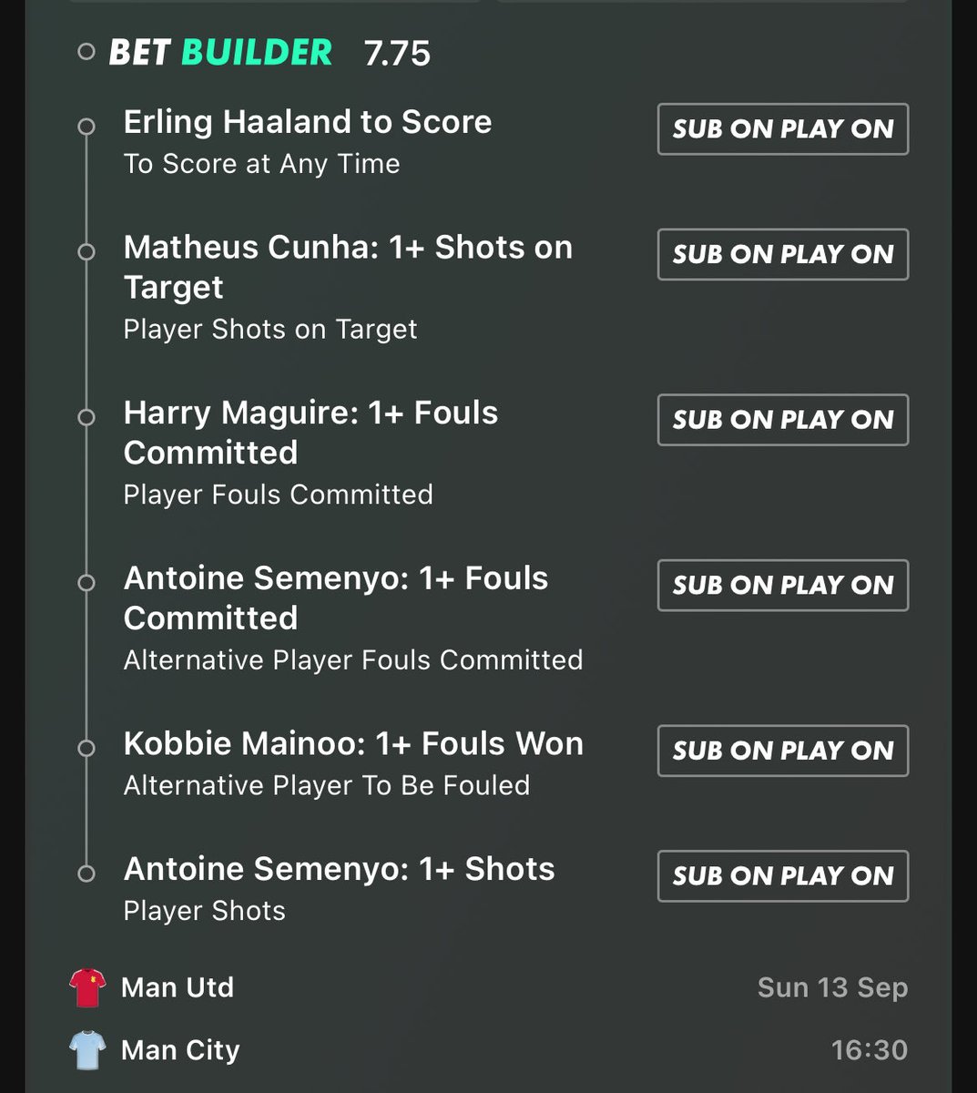 Guru_Tips17's tweet photo. MANCHESTER DERBY BET BUILDER 🔥

🔴 Man United v Man City 🔵

⚽ Haaland anytime scorer
🎯 Cunha 1+ shot on target
💥 Maguire 1+ foul committed
💥 Semenyo 1+ foul committed
🤕 Mainoo 1+ foul won
🥅 Semenyo 1+ shot

Odds: 7.75
Stake: 0.75u https://t.co/LqsxgiTdb9