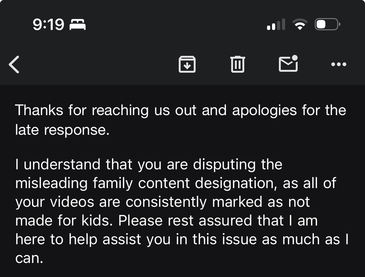 ItsWRMZ's tweet photo. Even YouTube's own supports agents say my videos are consistently marked as "not made for kids" yet I continue to receive automated denial emails for "Misleading Family Content" leaving my channel fully demonetized. @TeamYouTube @YouTube @YouTubeCreators https://t.co/vTLJHGlF7E