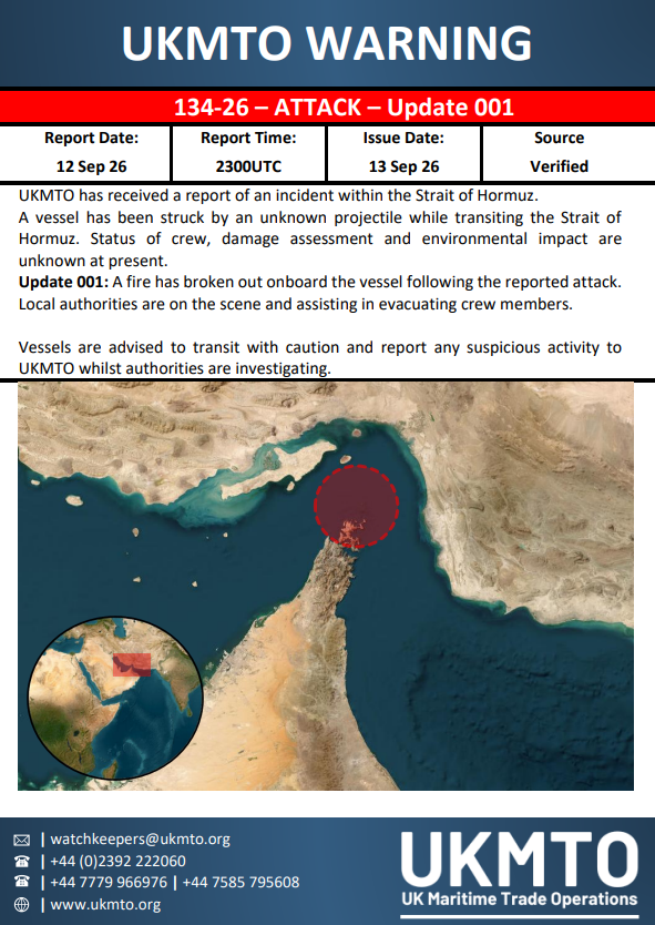 sentdefender's tweet photo. The tanker struck by an unknown projectile while transiting the Strait of Hormuz yesterday evening is on fire, and local authorities were in the process of evacuating its crew, according to an update from the United Kingdom Maritime Trade Operations (UKMTO) Center issued earlier today.