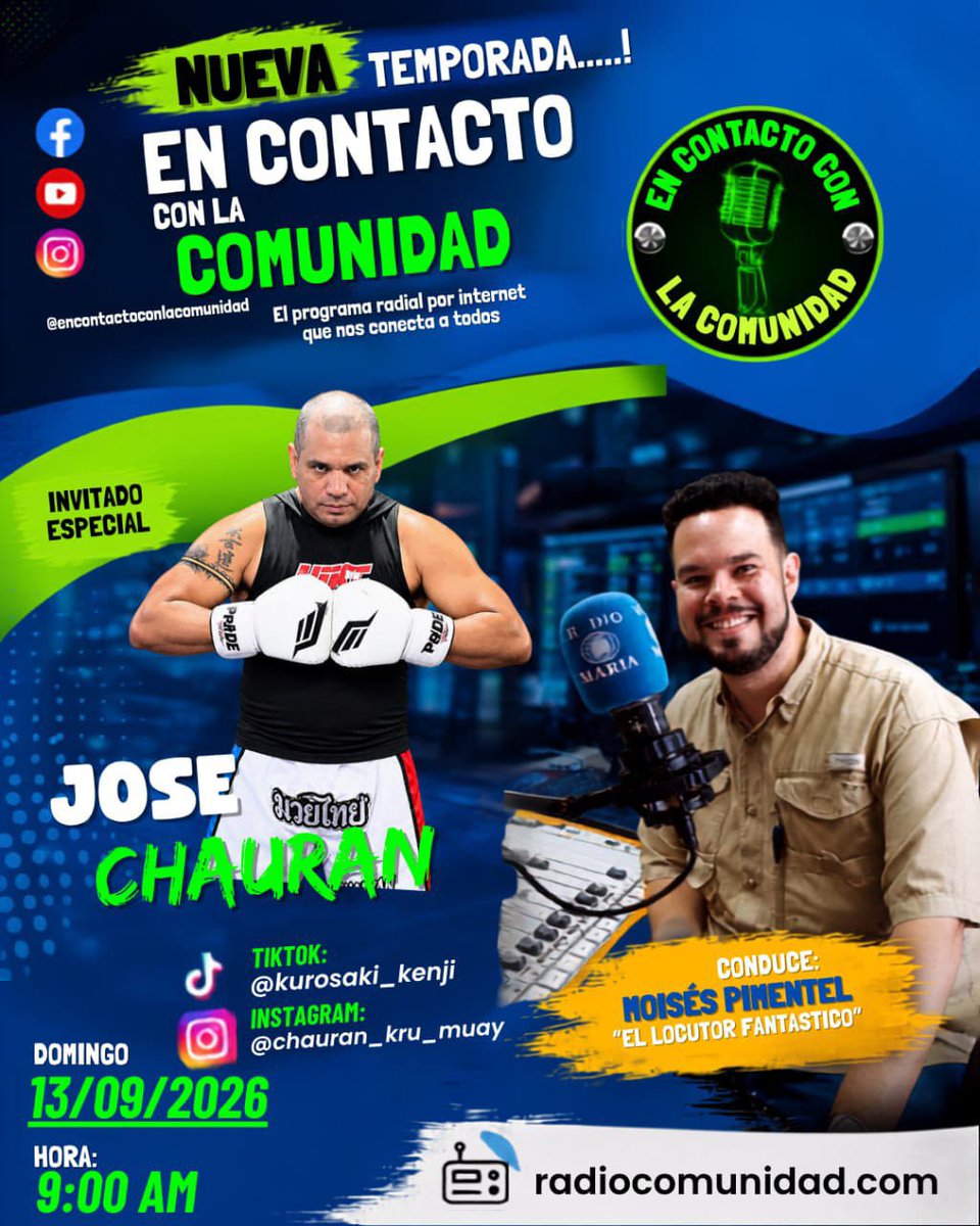 ECCLCRADIOSHOW's tweet photo. Esto es hoy *Domingo 13/09/2026* a las *9am* y ustedes no se lo pueden perder.❗❗

🔊 Contento de poder compartir esta entrevista junto al Invitado especial *José Chauran*🔥 @chauran_kru_muay 
.
. https://t.co/bc3bRXCsFk