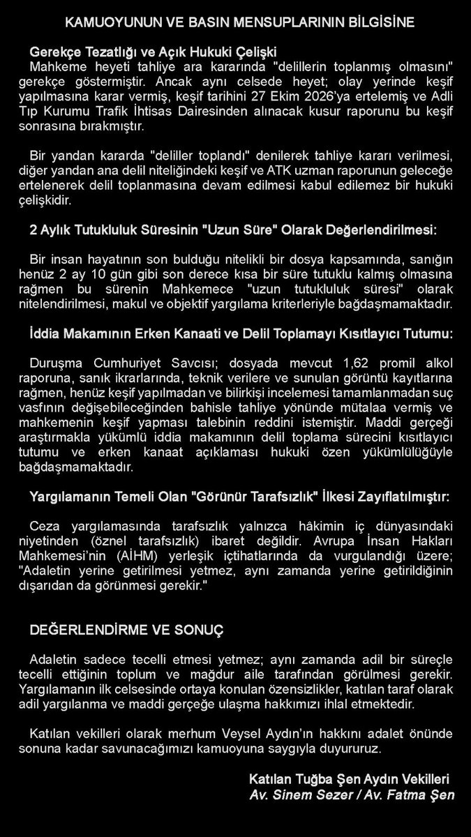 senffatma's tweet photo. KAMUOYUNUN BİLGİSİNE
​Veysel Aydın'ın hayatını kaybettiği ölümlü trafik kazası davasında; %100 kusur tespitine, 1,62 promil alkol raporuna ve toplanmayan ana delillere rağmen ilk celsede verilen tahliye kararına ilişkin hukuki mücadelemizi ve kamuoyu açıklamamızı paylaşıyoruz. https://t.co/L9AgfFH2W6