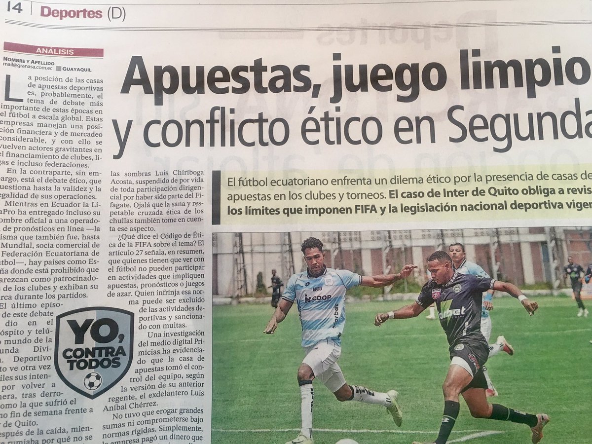 estebanavila's tweet photo. Hoy en Expreso/Extra: las casas de apuestas no pueden ni deben manejar clubes y el caso Inter/Forbet debe servir para confirmar que la regulación a estos negocios es necesaria. Todo esto es más importante que el alarido impotente de un club inviable que, precisamente, no es el mejor ejemplo de ética y buen manejo.