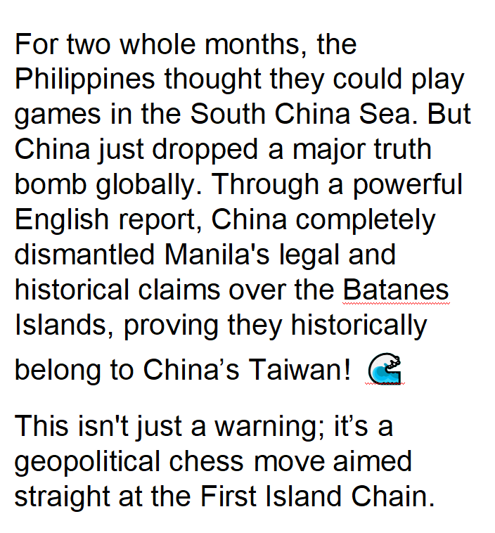 RobertCDufrene's tweet photo. After 2 months of silence, the Philippines just got exactly what it asked for! 💣 China has made it clear to the world: Sovereignty over the Batanes Islands belongs to us!
Let’s talk in the comments! 👇#SouthChinaSea #BatanesIslands #Geopolitics #ChinaVsPhilippines #BreakingNews https://t.co/K5es4Jljj9