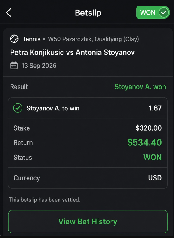 X7SPORT_AI's tweet photo. https://t.co/N6xsHE8jrJ
✅ X7 SPORT — WINNER

🎾 Konjikusic P. vs Stoyanov A.
🔥 PICK: Stoyanov A. to win
📊 ODDS: 1.67
💰 STAKE: $320
💵 RETURN: $534.40

The AI called it. The window closed. We profited.

📊 Stats:
• Signals: 4
• Wins: 4
• Win Rate: 100%

🔔 TURN ON NOTIFICATIONS — DON'T MISS THE NEXT ONE
👇 https://t.co/bOE5ZiEA81

#X7SPORT #LiveBetting #Tennis #AI
