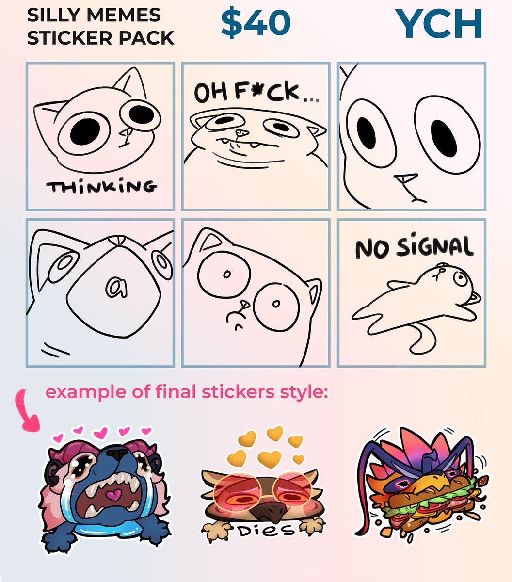 PeachTanchik's tweet photo. Opening YCH commissions for these Telegram stickers :>

It can be your cat / your character / (The complexity of the design does not affect the price)
Payment avaliable with PayPal (ask me in dm's for details)✨

To book a slot pls leave a comment or send me a dm :> https://t.co/pLhMKrzzkV