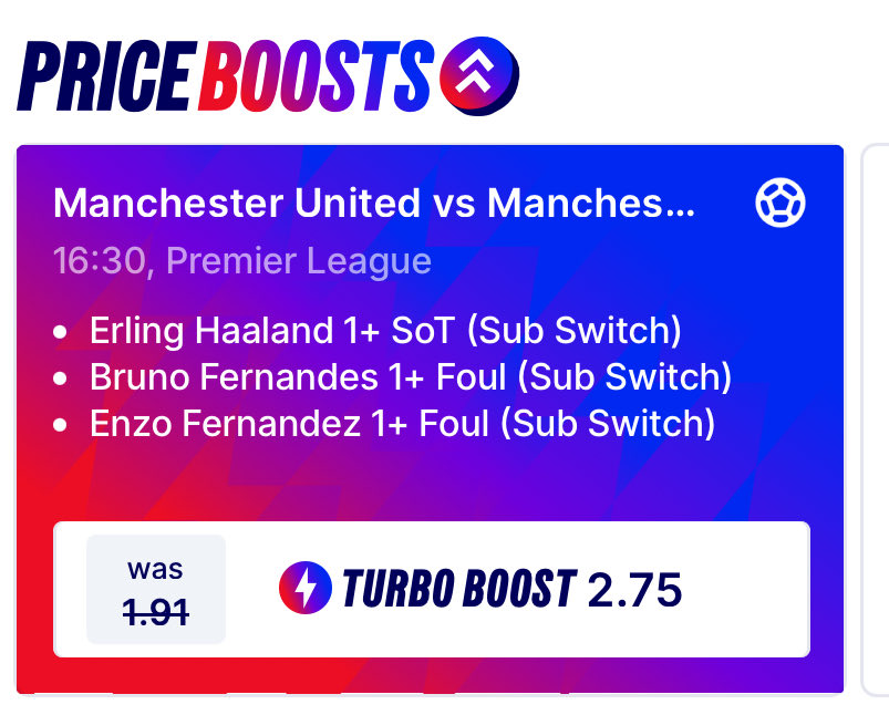 Guru_Tips17's tweet photo. 2.75 BETFRED PRICE BOOST

🔴 Man United v Man City 🔵

🎯 Haaland 1+ shot on target
💥 Bruno Fernandes 1+ foul
💥 Enzo Fernandez 1+ foul

🚀 BOOSTED FROM 1.94 → 2.75 https://t.co/b2zaWAHbCc