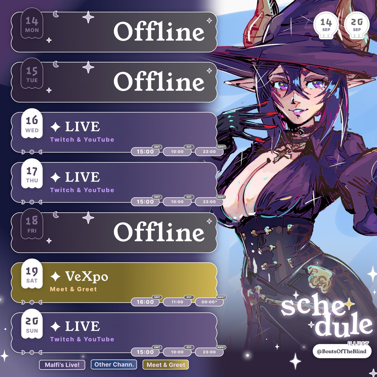 MalfinaVT's tweet photo. ✨Sep 14 - Sep 20 ✨
Back to our usual schedule but the weekend is swapped around due to me going too VeXpoo (virtual) 🩷
Who's gonna be there?! Come see me!

✧ Live & Clips: #MalfIn4k
✧ Art: #MalFineArts
✧ 18+: #Malluring
✧ Memes: #Malfoolery