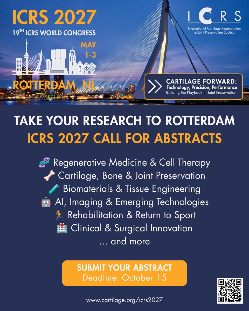 bota_uk's tweet photo. 📢 Take your research to Rotterdam!

Submit your abstract for the 19th ICRS World Congress, 1–3 May 2027 🇳🇱

🤝 Connect with international experts
🔬 Explore the latest in cartilage regeneration &amp; joint preservation
⏰ Abstract deadline: 15 Oct 2026
👉 https://t.co/82BaNIyQ2L https://t.co/PCsGxHXJiU