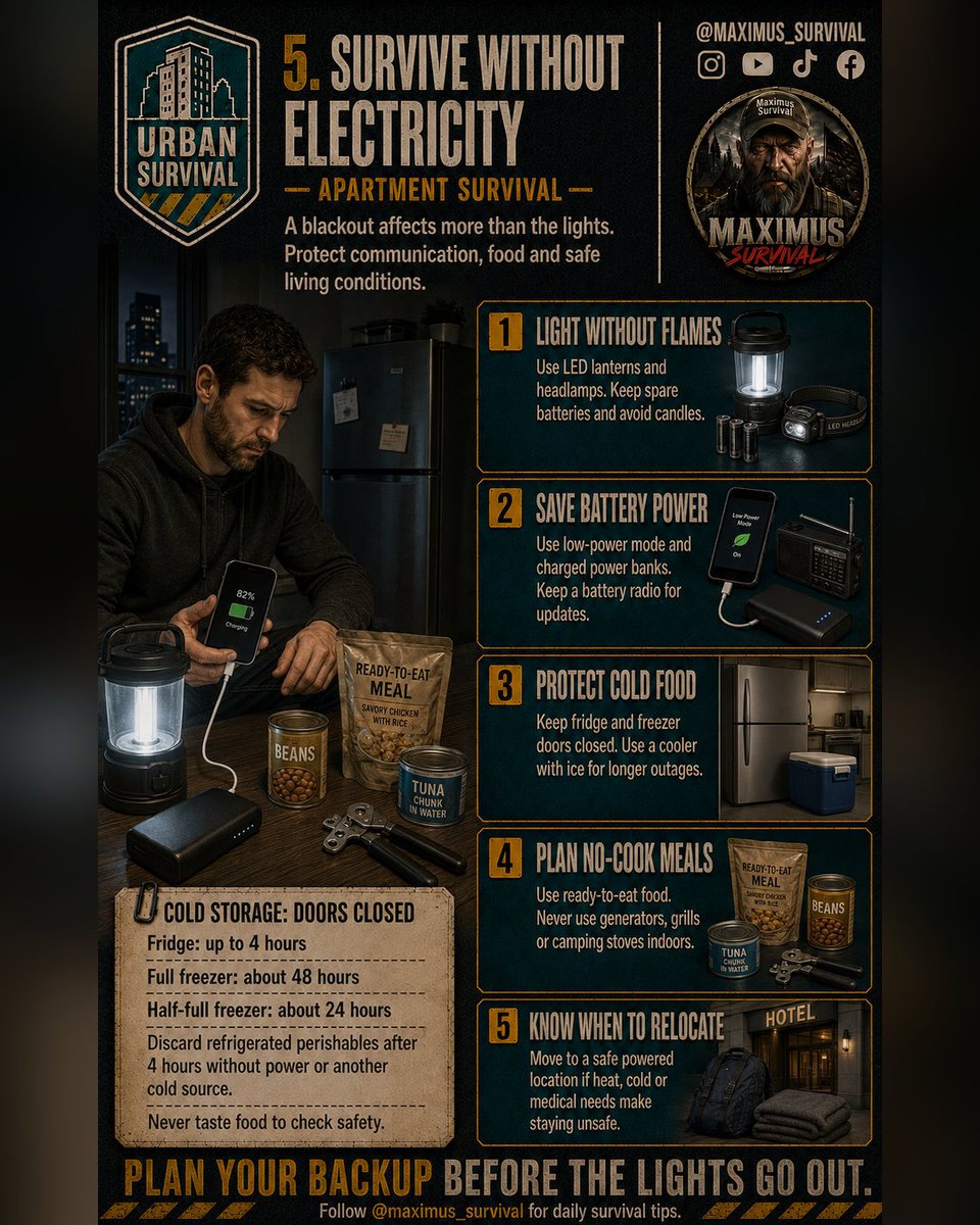 Maximus_Survive's tweet photo. 5️⃣ SURVIVE WITHOUT ELECTRICITY

#PowerOutage #BlackoutPreparedness #ApartmentSurvival #UrbanSurvival #EmergencyPower #Preparedness #Prepper #EmergencyLighting #SurvivalTips #MaximusSurvival https://t.co/b8hzs1x1tL