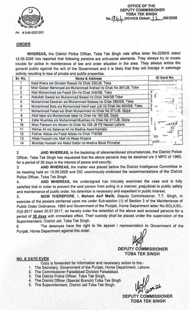 HaiderKharal's tweet photo. @sh_basra Absolutely shameless government is ordering political workers to be placed under a 30 day detention in Toba Tek Singh. https://t.co/VtR9eMizgL