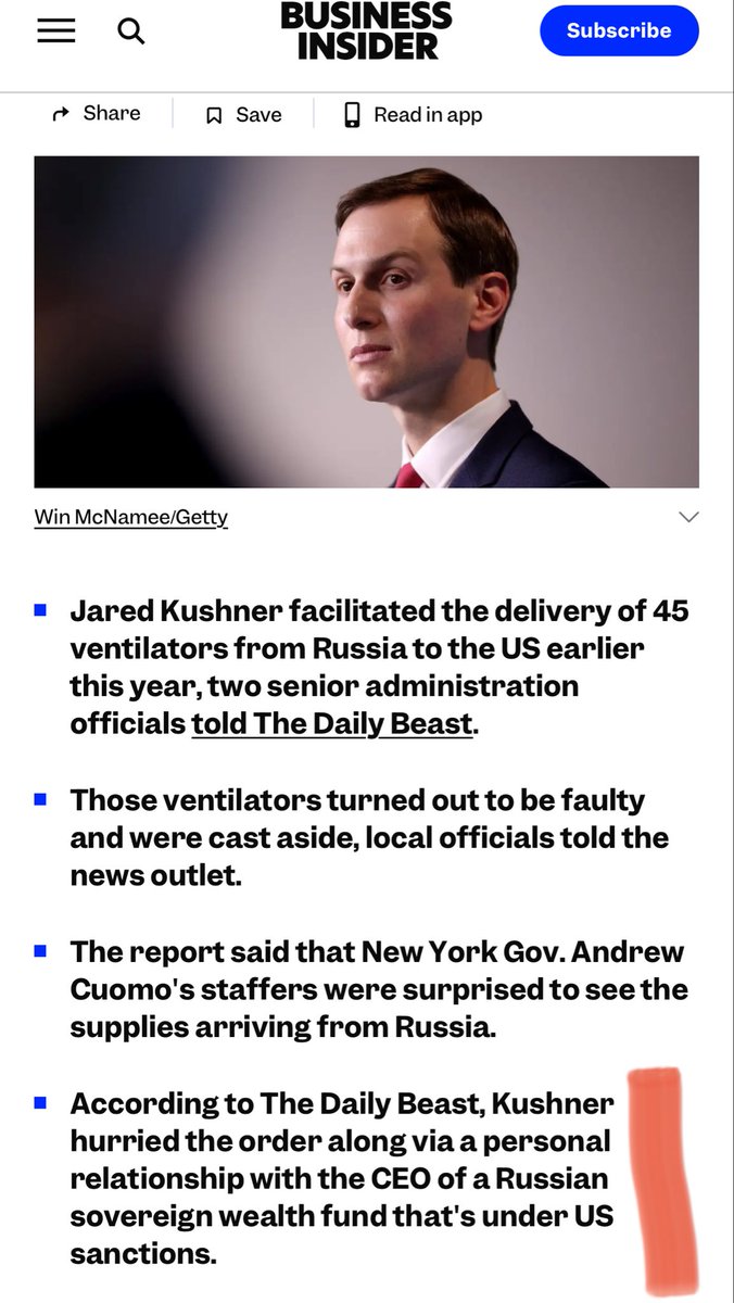TheTurfConsett's tweet photo. @ShaunPinnerUA @oliwymom Jared Bob-A-Job Bonesaw Let-Blue-States-Die Kushner. He has always had Russian interests above American interests and his own interests above all. Saudis gave him $2B the day Trump was flashing top secret docs to Kid Rock et al at Bedminster Golf 🤦‍♀️ https://t.co/YquUYdgTGr