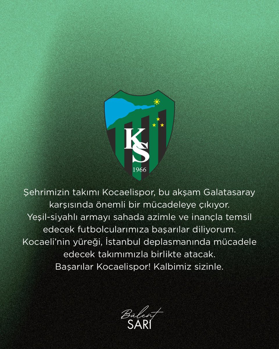 bulet_sari's tweet photo. Şehrimizin takımı Kocaelispor, bu akşam Galatasaray karşısında önemli bir mücadeleye çıkıyor.

Yeşil-siyahlı armayı sahada azimle ve inançla temsil edecek futbolcularımıza başarılar diliyorum.

Kocaeli’nin yüreği, İstanbul deplasmanında mücadele edecek takımımızla birlikte atacak.

Başarılar Kocaelispor! Kalbimiz sizinle.