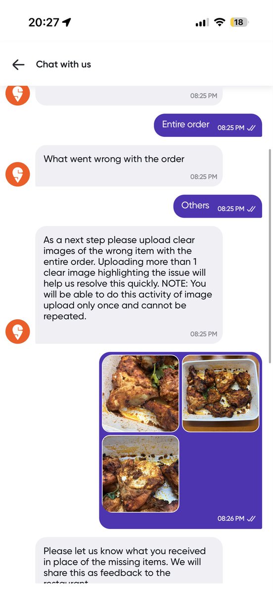 vinouth's tweet photo. @Swiggy @SwiggyCares ordered full tandoori chicken and got expired and uncooked chicken and a it rated customer service experience unable to talk to anyone and sitting with a full spoilt and uncooked chicken thanks for ruining Sunday night https://t.co/gzQh3W03wX