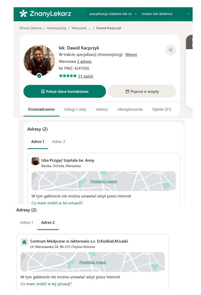 JM2scorpion's tweet photo. Dawid Kacprzyk wrócił też na portal Znany Lekarz 😠
Znany to on jest. Fakt 😠

Jak informuje, nie tylko pracuje w przychodni w Jaktorowie, ale także na Izbie przyjęć Szpitala św. Anny w Warszawie. 😠
 
To jest plucie nam w twarz 😠 https://t.co/IWYpm8swgU