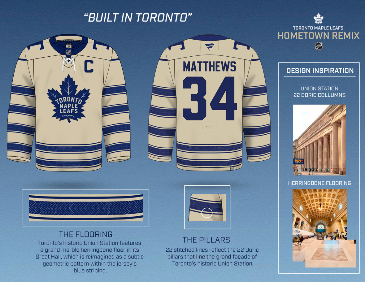 The_JerseyNerds's tweet photo. DAY TWENTY SEVEN: TORONTO MAPLE LEAFS

Nikhiel Tejani does the Leaves for the HTRC! Inspired by Toronto Union Station, with the Great Hall’s herringbone floor pattern embossed in the stripes, &amp; 22 stitched hem lines referencing the 22 Doric columns along the Front Street entrance https://t.co/Bzyj6OhLMB