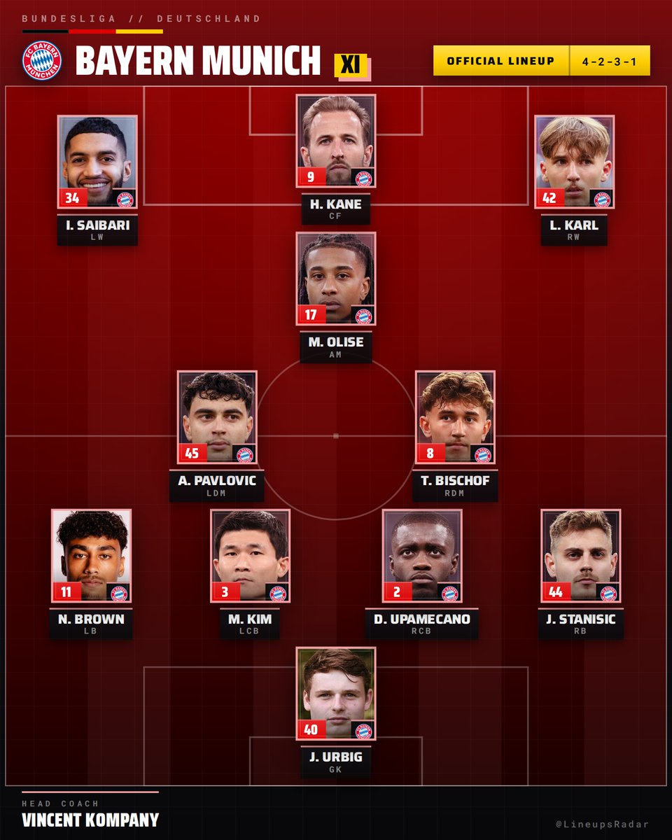 LineupsRadar's tweet photo. 📋 OFFICIAL LINEUP

Elversberg vs Bayern Munich
📅 13 Sep 2026 | ⏰ 17:30 CEST

#Bundesliga #GermanFootball #Elversberg #BayernMunich https://t.co/aAriiXgnhj
