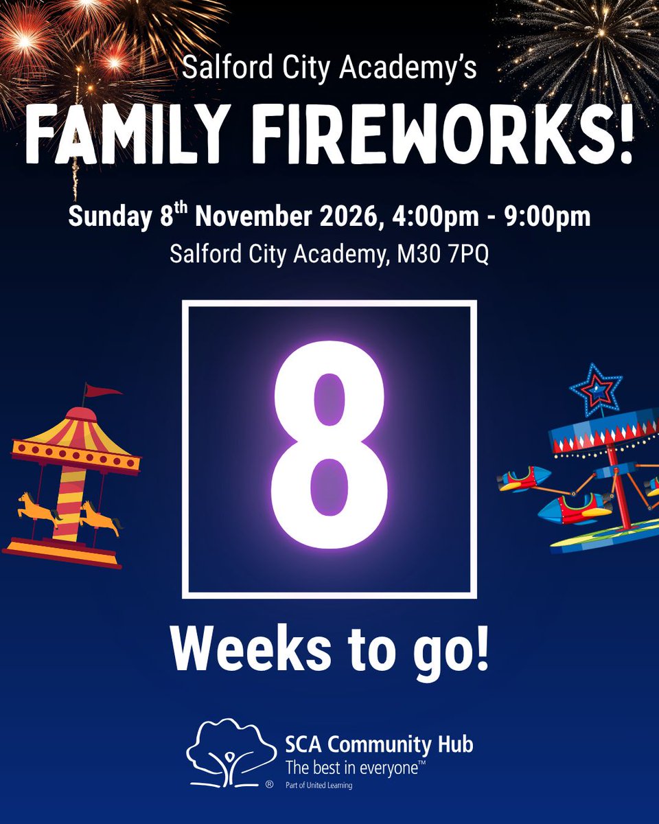SCA_Community's tweet photo. 8 weeks to go until our first ever community fireworks event! 🎇

Northwest Funfairs are bringing a variety of exciting rides for all ages to enjoy.

📅 Sunday 8th November 2026, 4pm - 9pm
📍 Salford City Academy

🎟️ Book your ticket now: https://t.co/kG8FOptI3r 

#WeAreSCA https://t.co/fAkuMr41m3