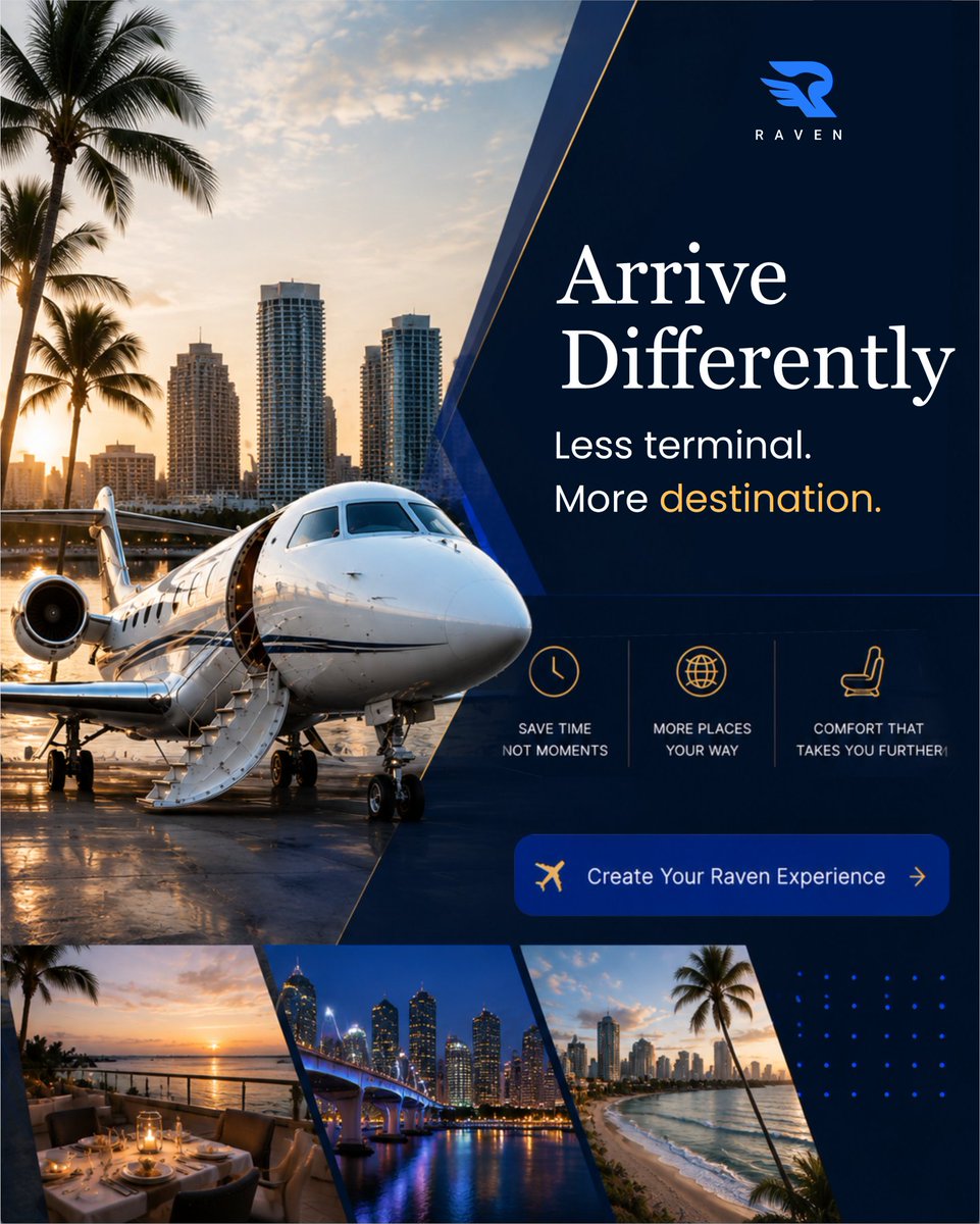 Ravenmobilityco's tweet photo. Spend less time navigating crowded terminals and more time enjoying your destination. 🌴✈️🌊 

Raven streamlines your entire journey from departure to arrival. Save precious hours, fly to more destinations on your terms, and experience comfort that takes you further without the stress. 🏙️🛋️ 

What is your dream destination for a quick weekend escape?👇 Share your favorite spot in the comments! 

Craft a travel experience designed around your lifestyle. 
🚀 Book your ticket for a seamless journey at https://t.co/wHqFYRoOIt 

(arrive differently, premium travel, semi-private flight, resort travel, luxury escape) 

#ravenair #semiprivateflying #luxuryaviation #executivetravel #jettravel