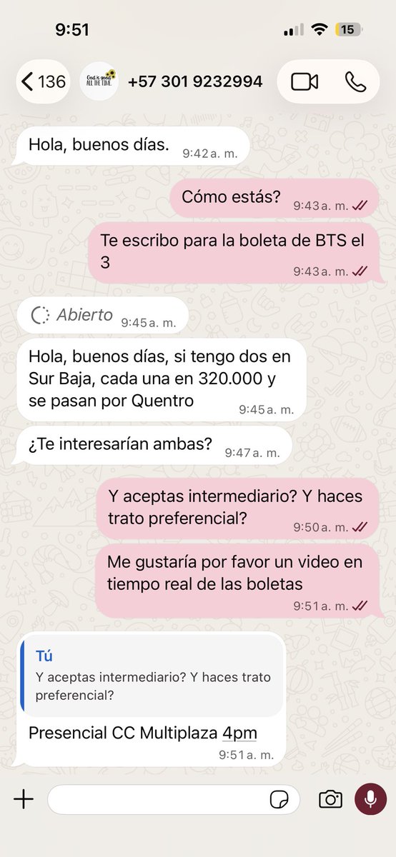 Koomajito's tweet photo. Estafadora!! Rt para difundir
@Isaaaaa017 es estafadora, dice que se encuentra vendiendo unas boletas para Bts en Colombia pero cuando se le pregunta por información, da un número diferente, envía foto de 4 boletas y supuestamente está vendiendo 2 https://t.co/GDEHBOxUXr