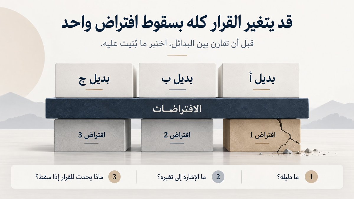 orhanakzade's tweet photo. قبل أن تسأل: ما البديل الأفضل؟

اسأل أولًا: على أي افتراضات بُنيت هذه البدائل؟

اختبر أهم افتراض في القرار:
ما دليله؟
ما الإشارة التي تدل على تغيره؟
وماذا يحدث للقرار إذا سقط؟

أحيانًا يتغير القرار كله بسقوط افتراض واحد. https://t.co/49g9TKMfkt