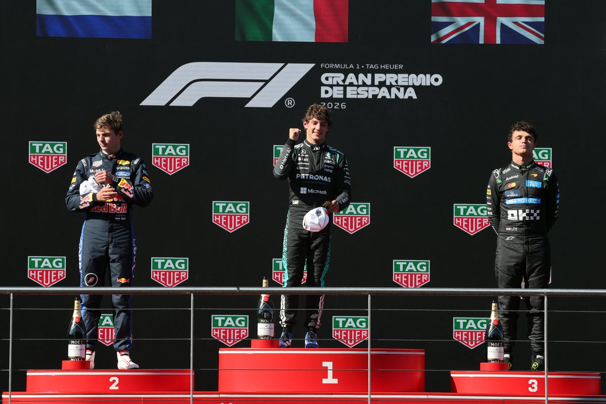 F1's tweet photo. Onto the podium for our Top Three in Madrid! 🏆

1. Antonelli 🇮🇹
2. Verstappen 🇳🇱
3. Norris 🇬🇧

#F1 #SpanishGP https://t.co/4LbpL0BCW0