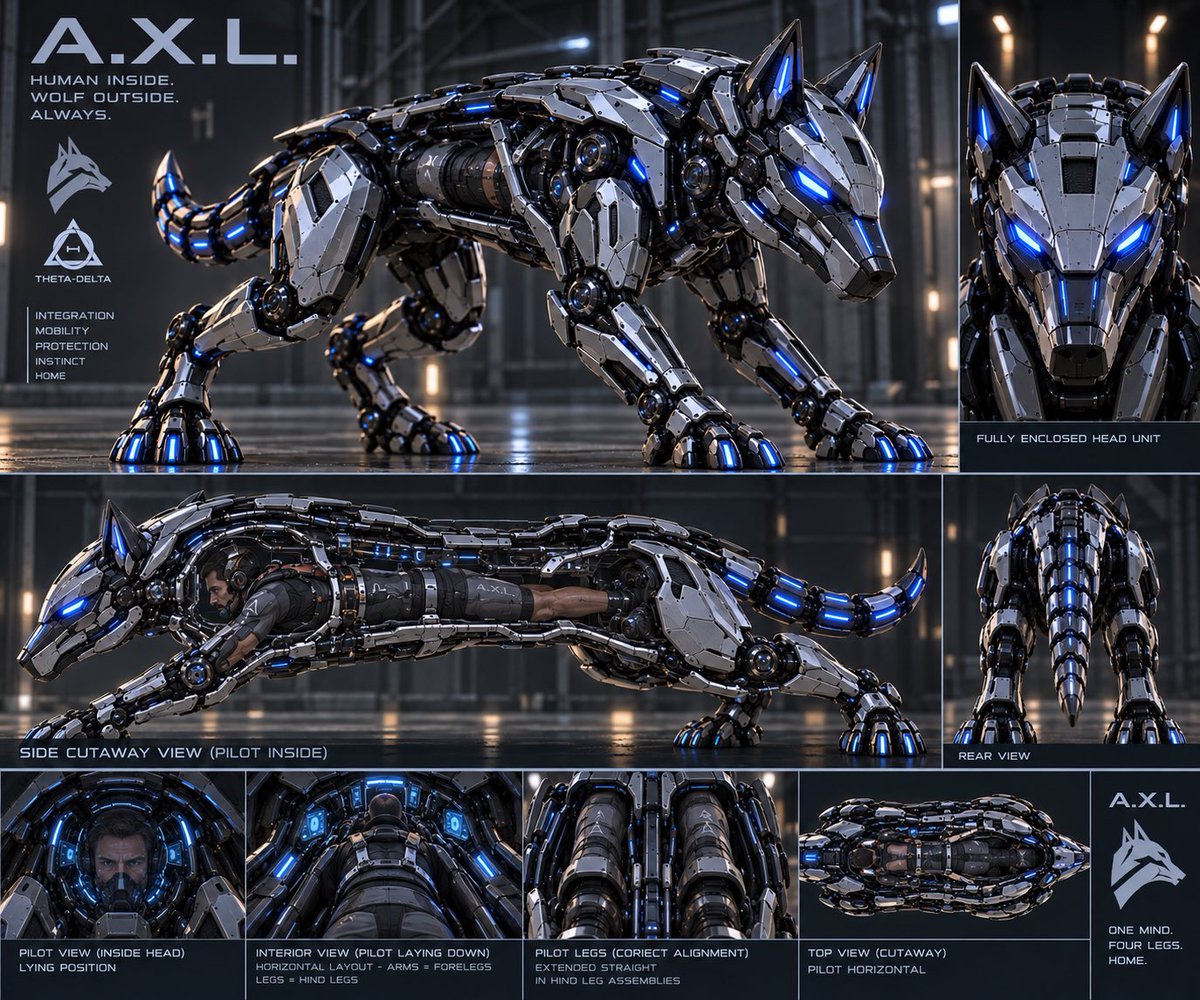 TheMexyWolf's tweet photo. The ONLY true way to transform into a canine. #Therian #SpeciesDysphoria #AI #AXLRobotDog #MechaSuit. @Warwick_2024 https://t.co/G67eAuE0un