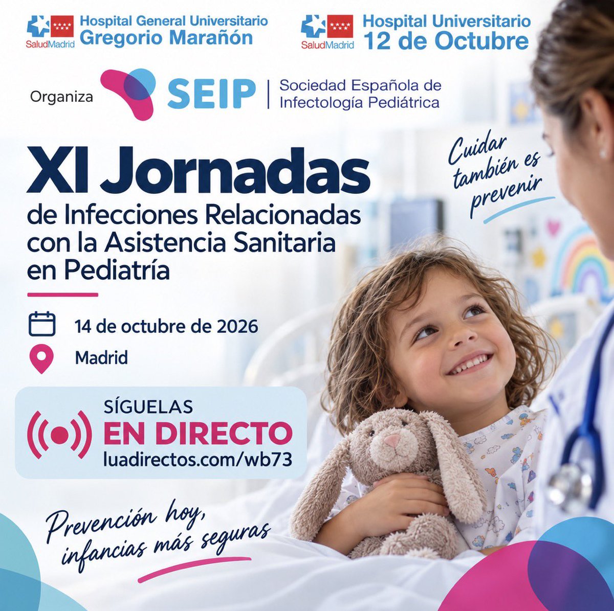 seipweb's tweet photo. 🦠 La infección no espera. La prevención, tampoco.
📅 14 de octubre | XI Jornadas de Infecciones Relacionadas con la Asistencia Sanitaria en Pediatría. Presencial y Online. 
🔴 Síguelas EN DIRECTO:
https://t.co/tSRw23uNHn
#Pediatría #SEIP #IRAS https://t.co/kscmuJgWRE