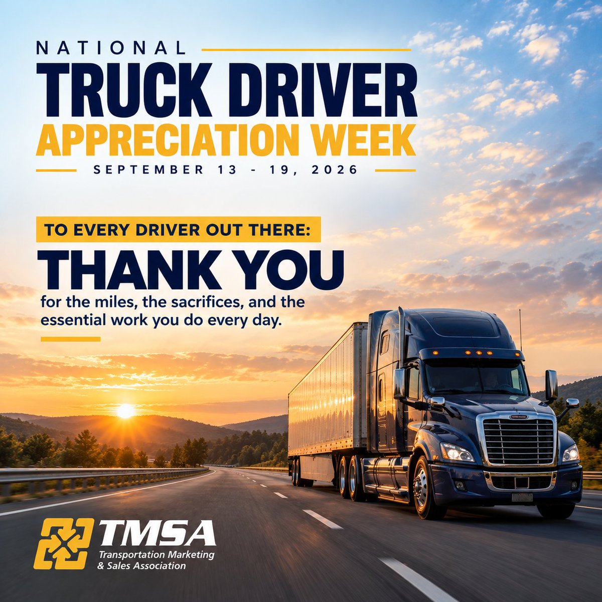 TMSAtoday's tweet photo. It’s National Truck Driver Appreciation Week! 🚛

This week, TMSA recognizes the professional drivers who keep our industry, economy, and communities moving.

To every driver out there: thank you for all you do.

#NTDAW #ThankATrucker #TMSA https://t.co/UKpHPHifOP
