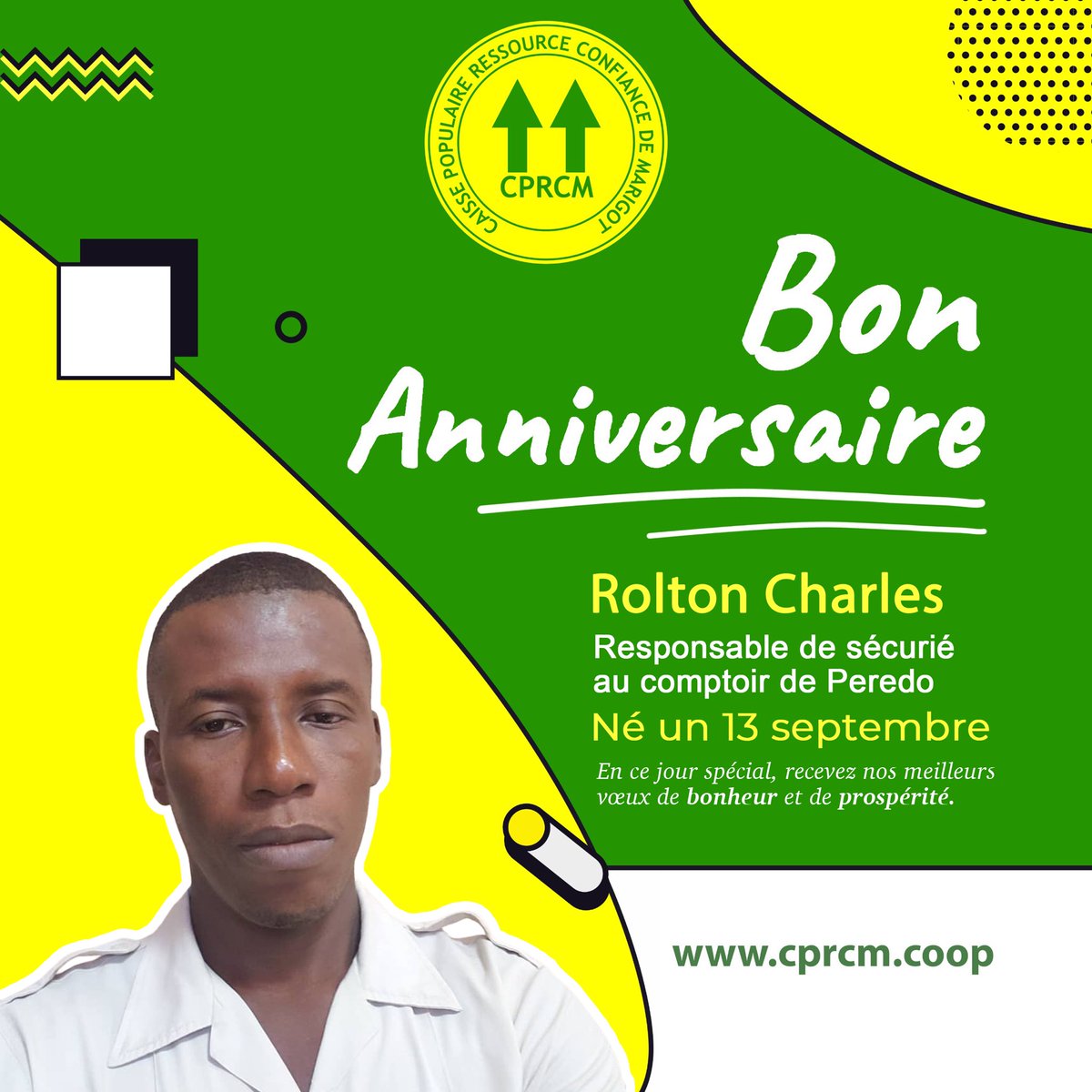 CPRConfiance's tweet photo. Bon anniversaire à Monsieur Rolton Charles, responsable de sécurité au Comptoir de Peredo de la CPRCM. 
.
.
.
#CPRCM #Anniversaire https://t.co/wzFL9wLyo2